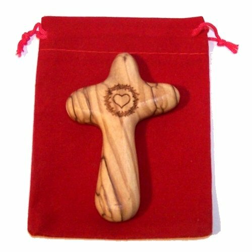 No Greater Love Olive Wood Cross Engraved with Crown of Thorns and Heart 3″