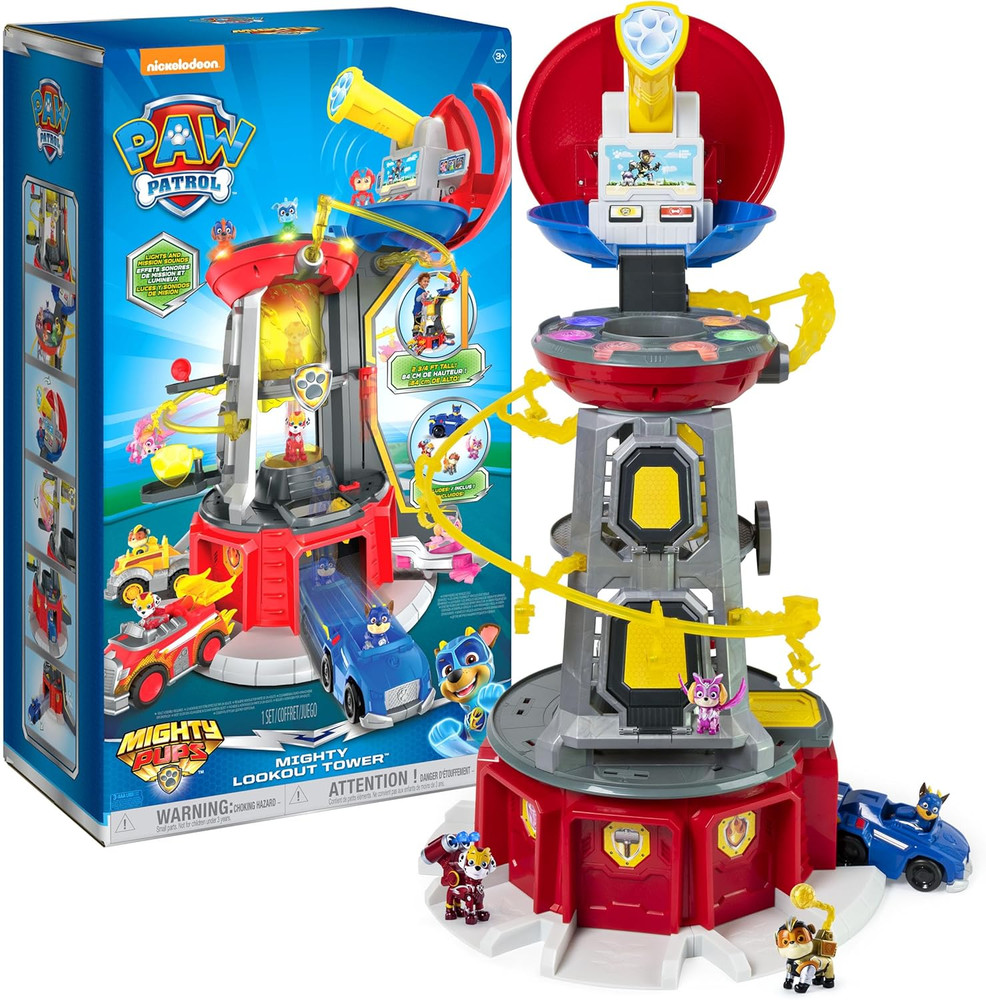 , Mighty Lookout Tower with 4 Exclusive Bonus Action Figures, Toy Car, Lights an