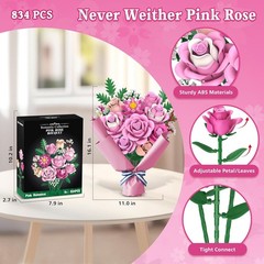 Pink Rose Bouquet Flowers Building Set, 834Pcs Roses Artificial Flowers…