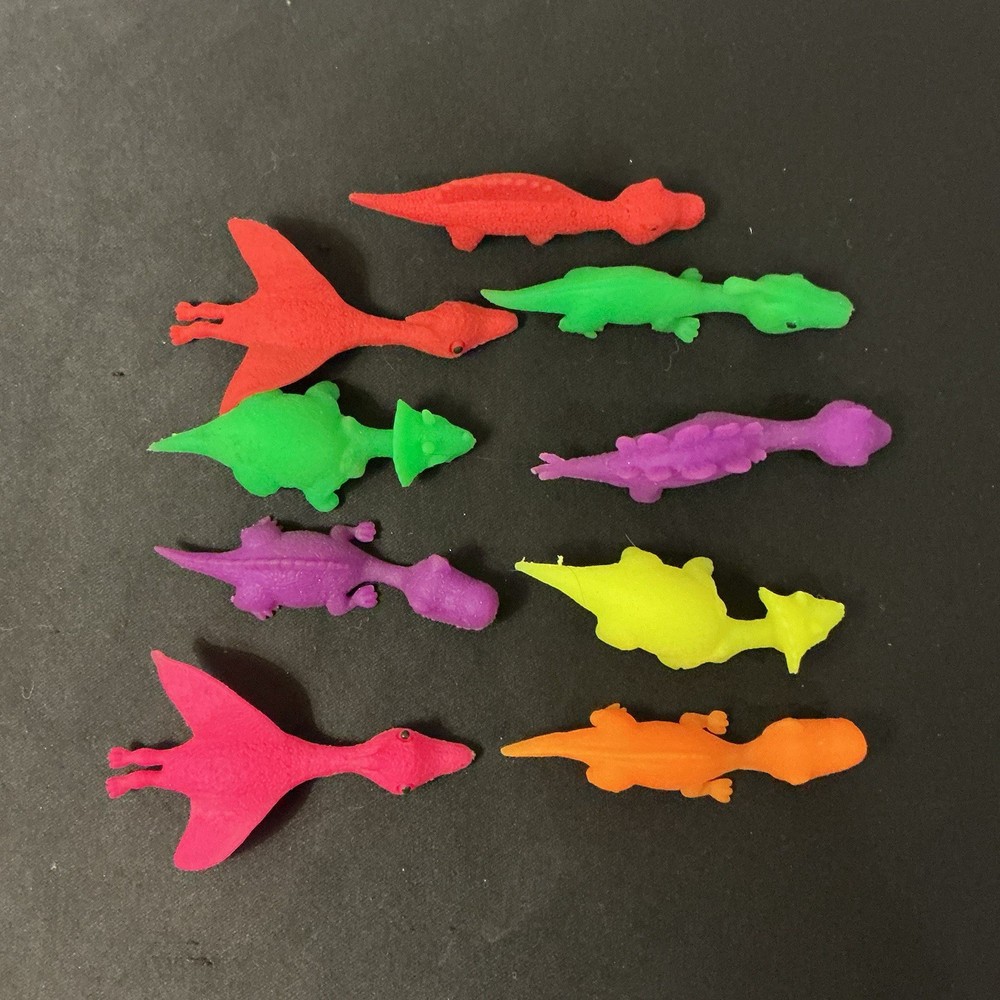Set Of 9 Dinosaur Slingshot Rubber Silicone Stretchy Play Toys Neon Colors