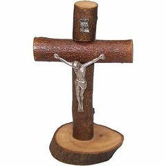 Holy Land Market Table natural Olive wood Cross / Crucifix with with bark left