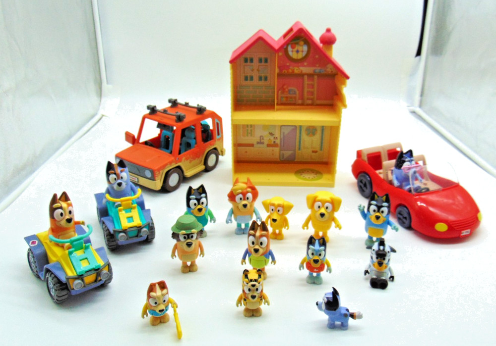 15 Bluey Characters & Bluey Toy Accessories, 4 Wheelers, Jeep, Play House, Etc.