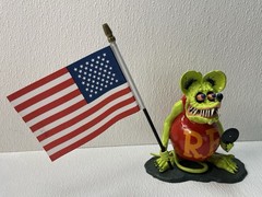 Rat Fink Style Mouse Figurine w/ Flag – Plastic Green Red Yellow Black