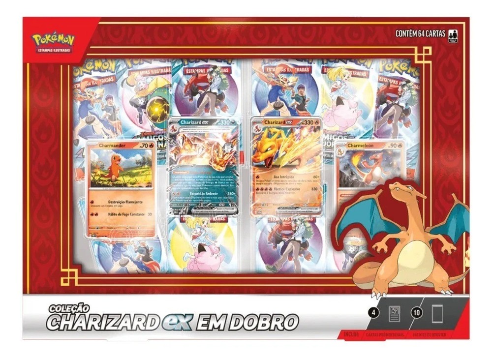 Pokemon Charizard EX Em Dobro Double Collection Box Set 64 Cards Brazilian Game