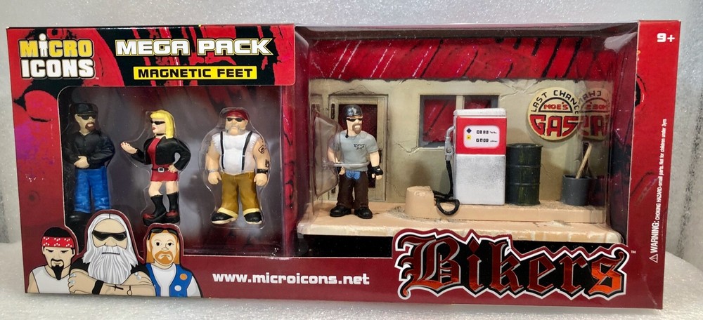 hey homies, 4 Biker Micro Icon Figures + Gas Station diorama, Bikers 1 3/4″ Tall