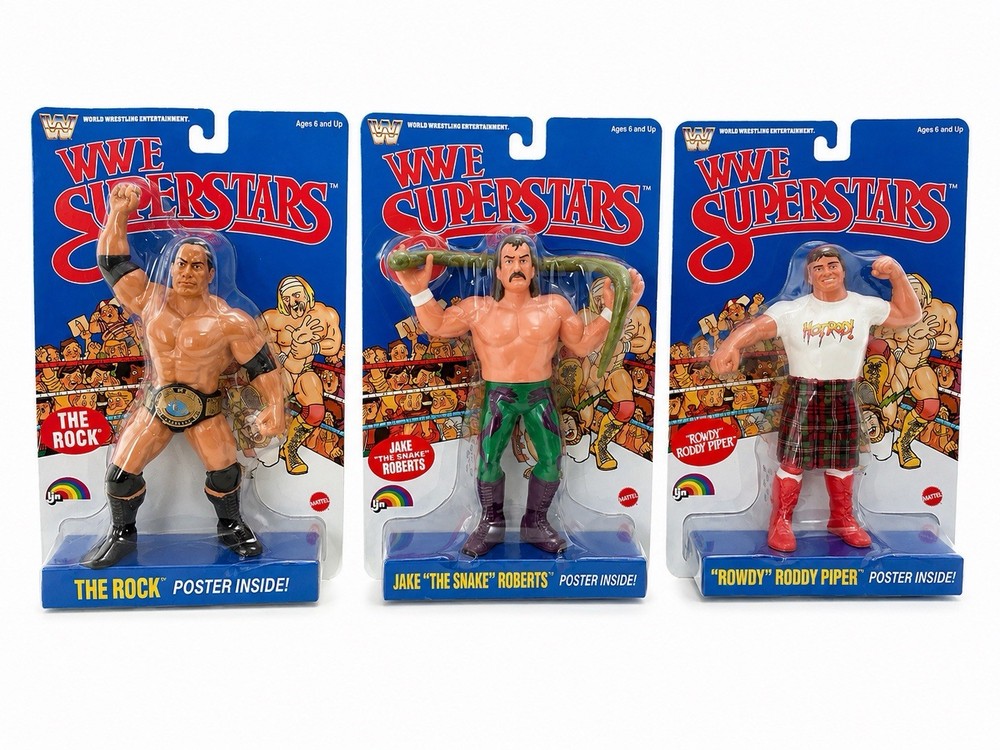 WWE Superstars Lot of 3 The Rock Jake Roberts Roddy Piper Mattel Sealed