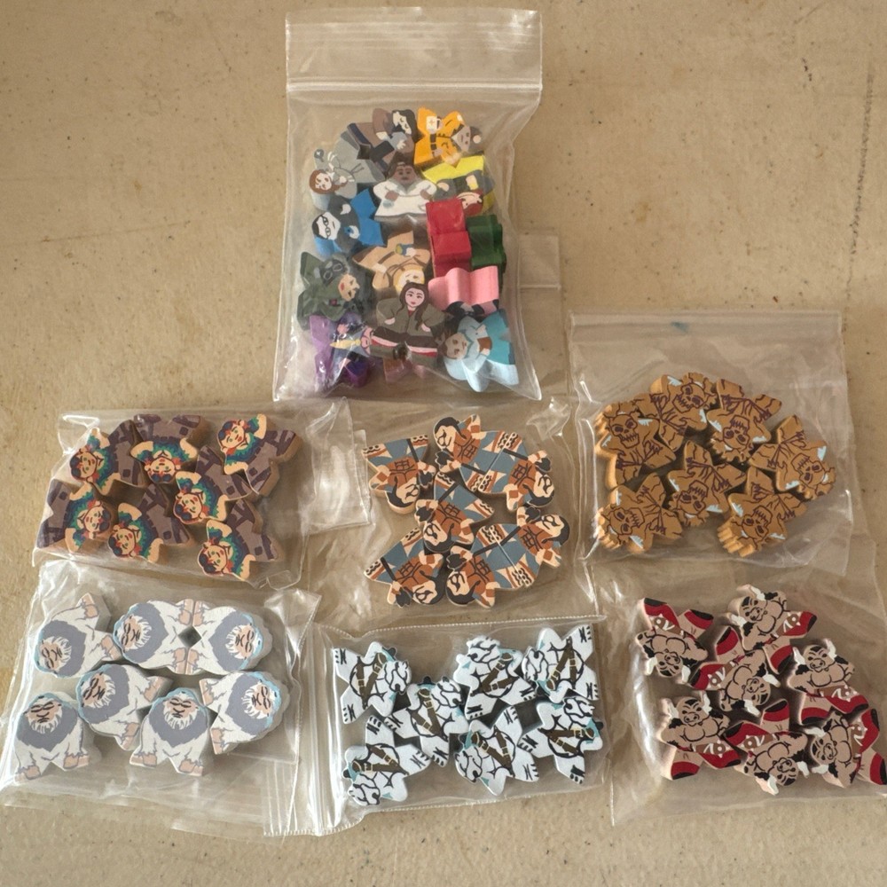 Wood Meeples Figures 49 Total : Yeti, Skeleton, Human, Minotaur, Beast More