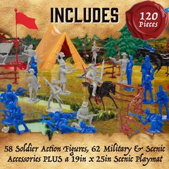 Toy Soldier Playset 120pc with Confederate & Union Soldiers, Cannons, Wagons