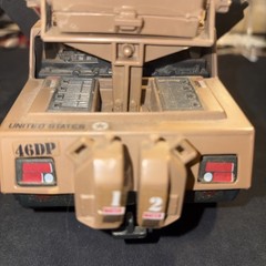 1984 Hasbro Jeep Mark II has steering wheel/ gas cans, no driver