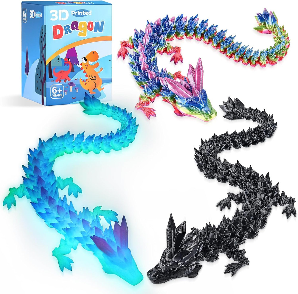 3Pcs 12In 3D Printed Crystal Dragon,3D Printed Flexible Articulated Dragon,Home