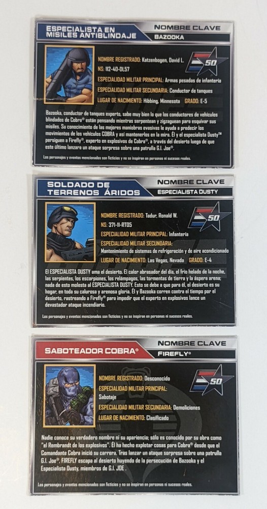 Lot of 3 GI JOE File Cards – Bazooka Firefly Dusty Portuguese Spanish 50th Anniv