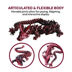 3D Printed Crystal Dragon Fidget Toy, Black & Red Desk Decor
