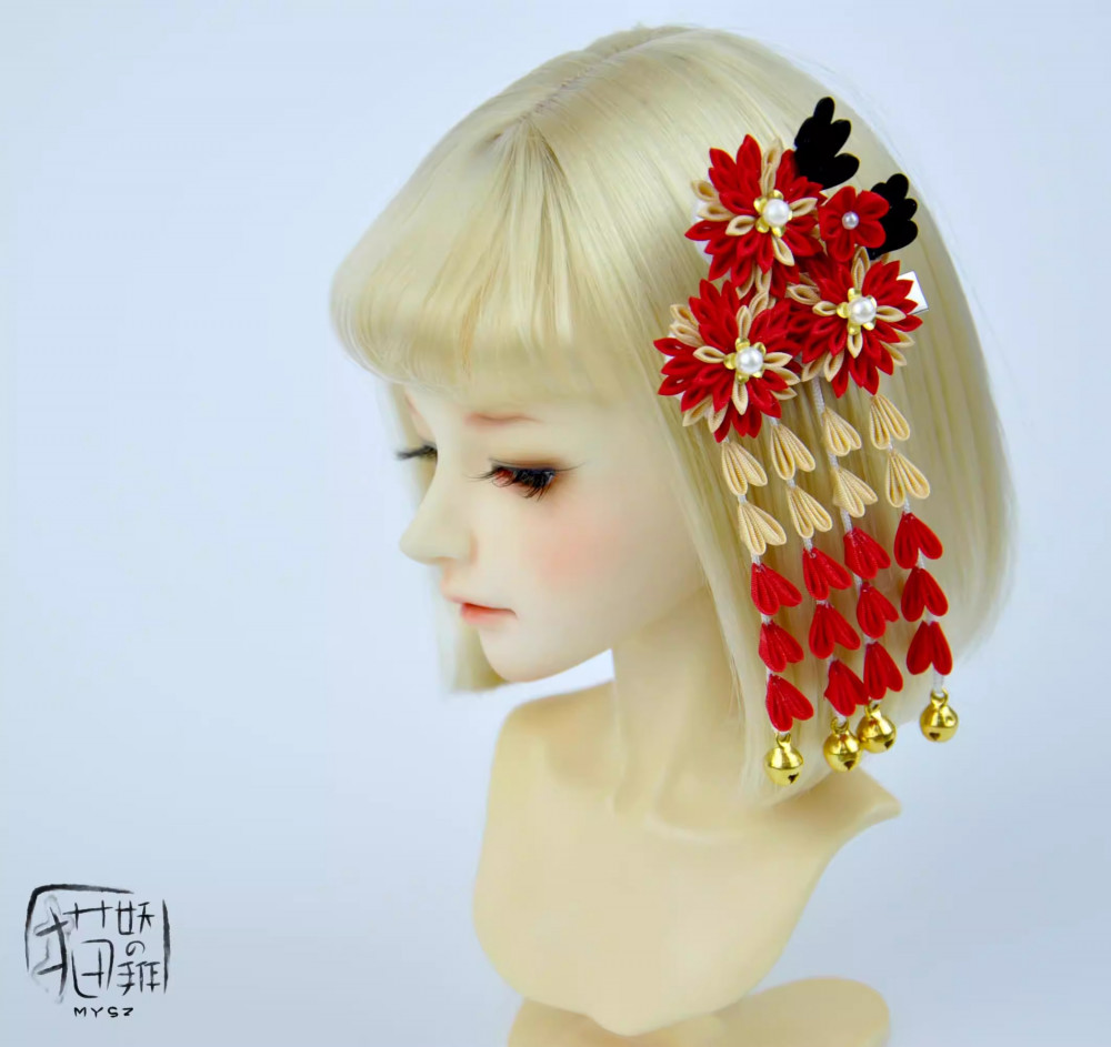 1/3 1/4 Red Floral Long Fringe Kimono Hair Clip Hair Accessories Model For BJD