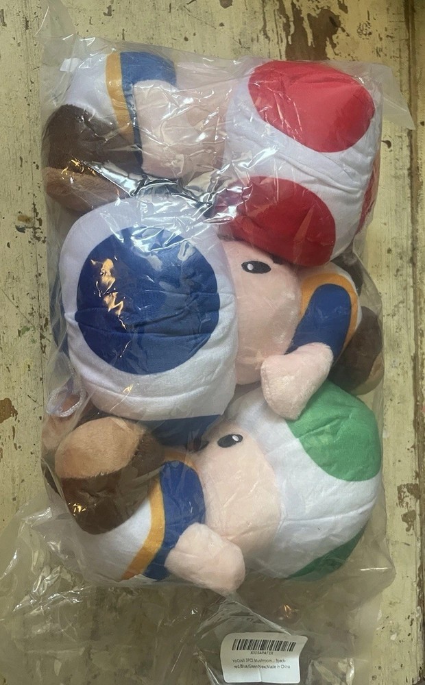 Nintendo Super Mario Red Blue & Green Toad Stool Plush Lot 8” w/ Suction Cups