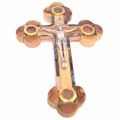OliveWood 14 Stations Crucifix with Holy Land Samples and Mother of Pearls 7In