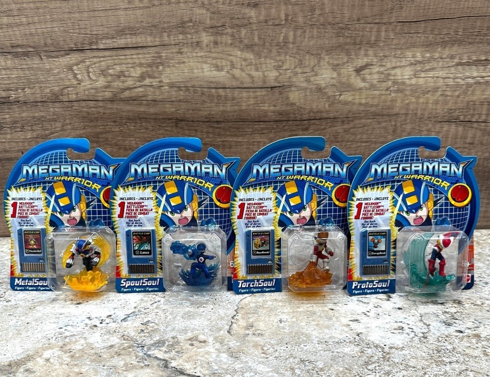 4 Vtg Mega Man NT Warrior Figure Metal, Spoul, Torch, Proto Battle Chip Mattel