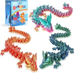 3 Pc 12in 3D Printed Crystal Dragon, Flexible Articulated