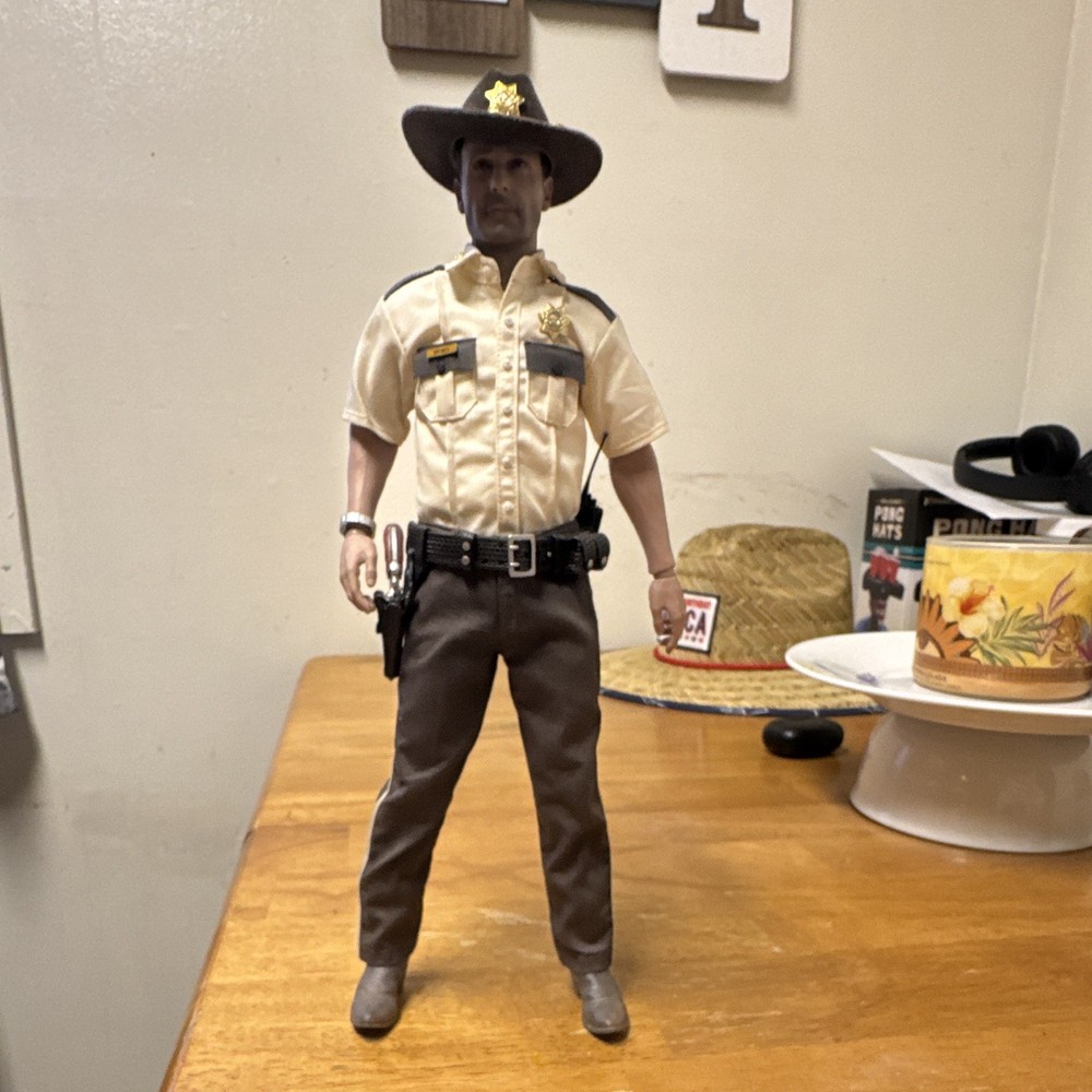 Police Officer Action Figure Doll w/ Hat & Gun, Plastic/Fabric, Tan Brown Black