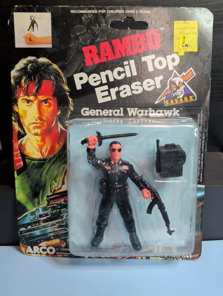 1986 Rambo Pencil Top Eraser ARCO Sealed General Warhawk Sylvester Stallone
