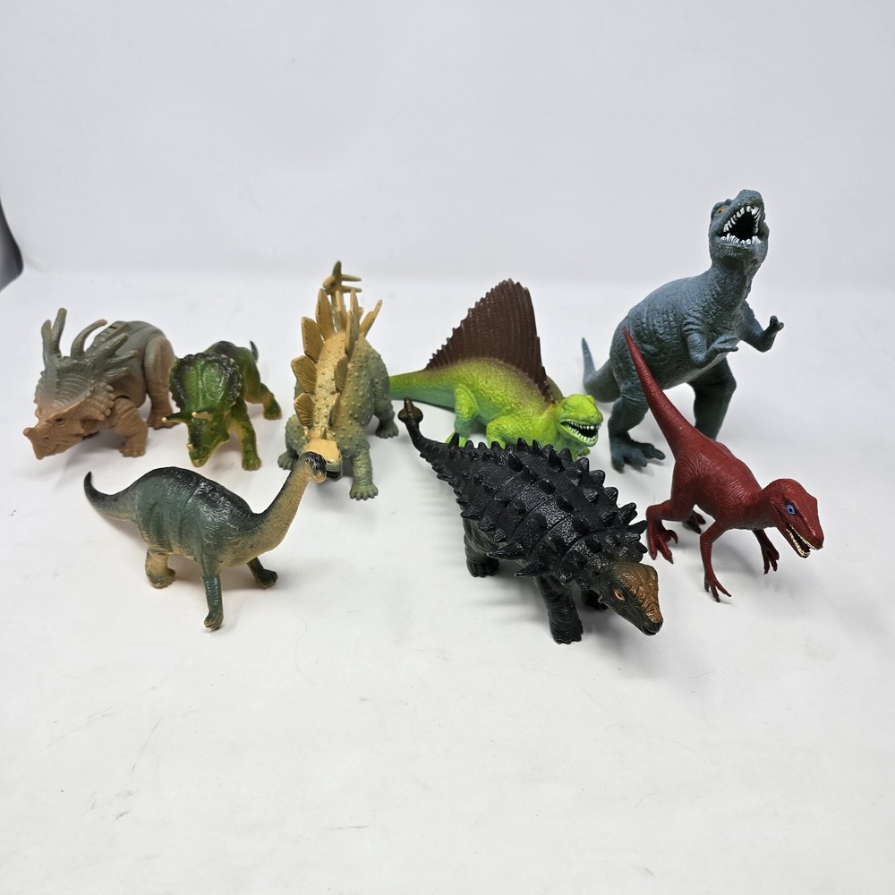 8 Vintage Dinosaur Mixed Figure Lot Multiple Sizes Species Colors Toy Plastic