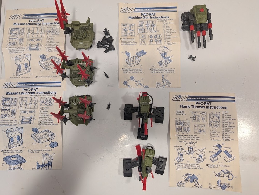 GI Joe 1983 PAC RAT Missle Launcher Machine Gun Flame Thrower with Blueprints