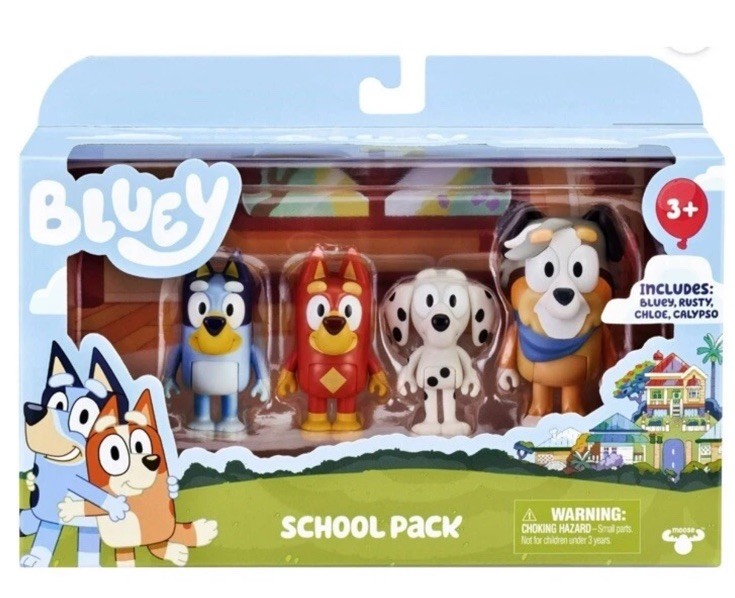 Bluey SCHOOL PACK 4pk Figures Set Bluey Rusty Chloe Calypso NEW