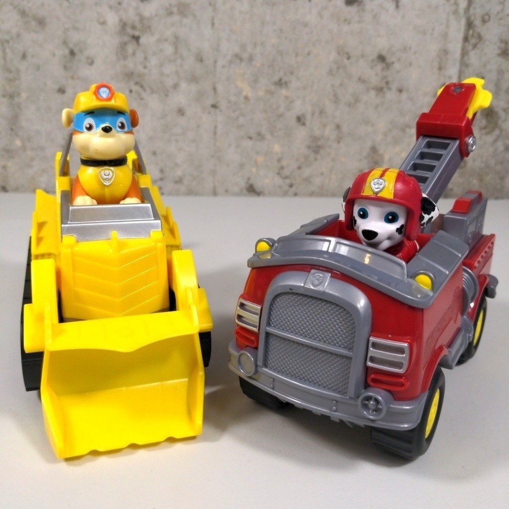 Paw Patrol Dino Rescue Marshall Fire Truck Rubble Deluxe Bulldozer Toy Lot 2 Pup
