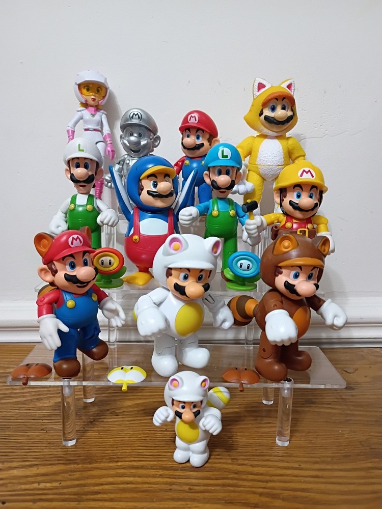12-PK WHITE TANOOKI SUPER MARIO 4″ Lot Builder Penguin Cat Metal Raccoon Luigi
