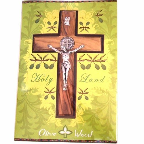 Saint Benedict olive wood Crucifix with Pewter grade Corpus and Saint Benedict