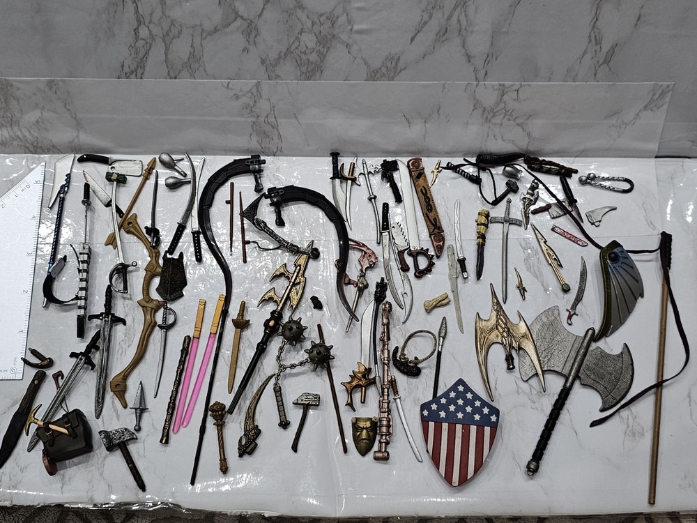 Vintage Toy Figure Lot Weapon Sword Axe Knife Hammer Shield Staff ? McFarlane