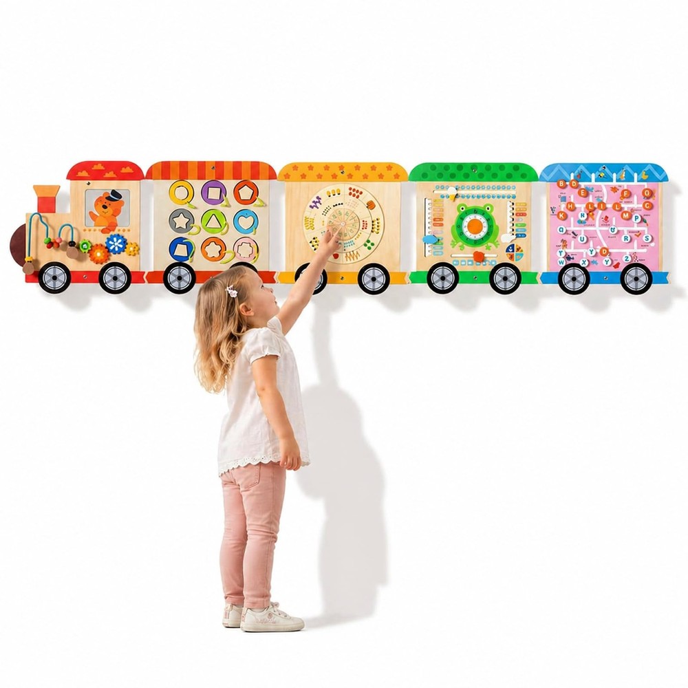 Wooden Train Busy Board, Montessori Sensory Activity Wall Toy, 6-in-1 Toddler…