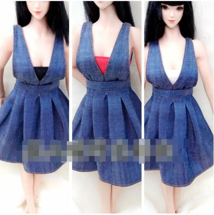 1:6 Female Soldiers Denim Suspender Skirt Dress Blue Fashion Dress for 12” Body