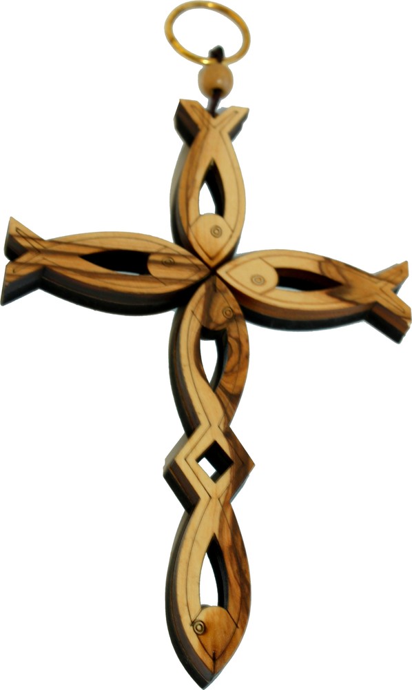 Olive wood Cross made with Fish ( First Chriswtianity symbol ) shapes – 16cm –