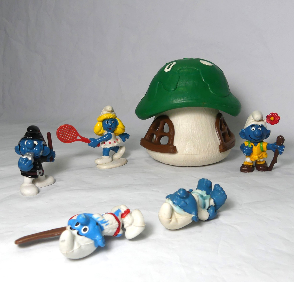 Smurfs Mushroom Green Roof House & 5 Figures Missing Door & Butterfly 1978-1981