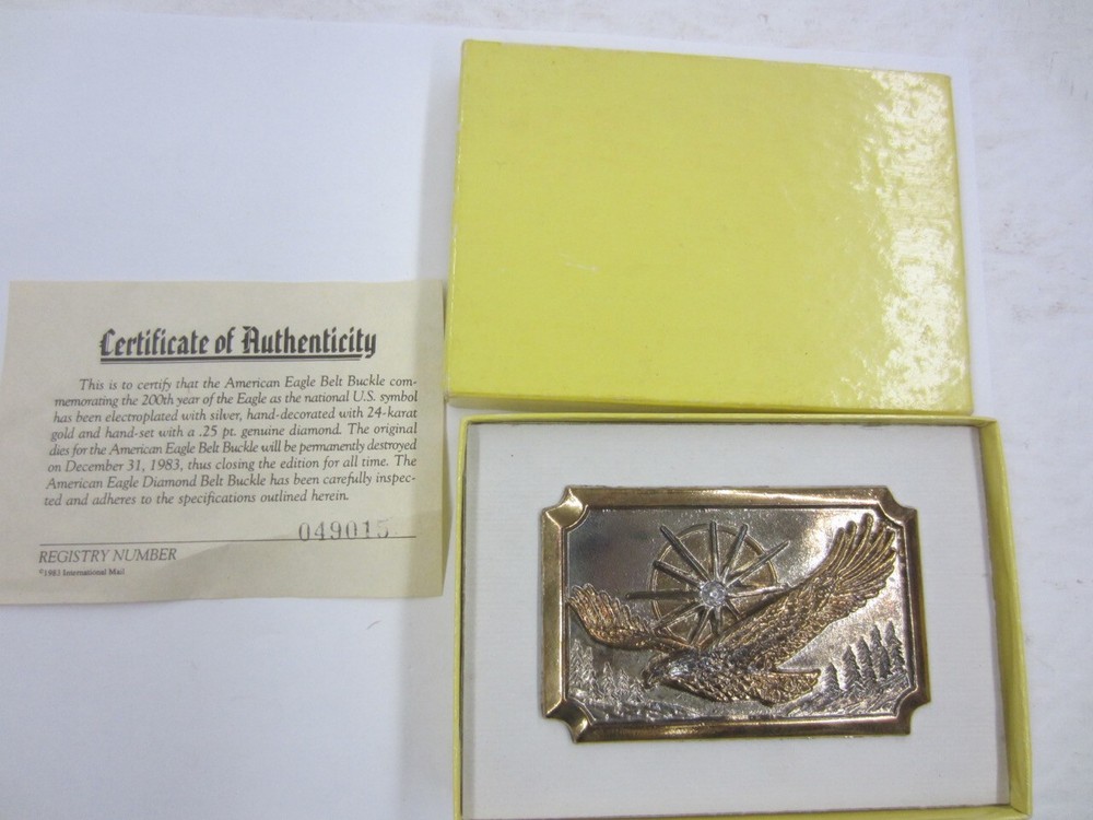 200TH AMERICAN EAGLE Belt Buckle Silver & 24kt Gold plated, .25pt Diamond Insert