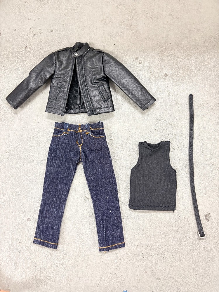 BW-KRDR-SET: 1/12 Leather Jacket, Tank top, Jeans & Belt Set for 6″ slim figure
