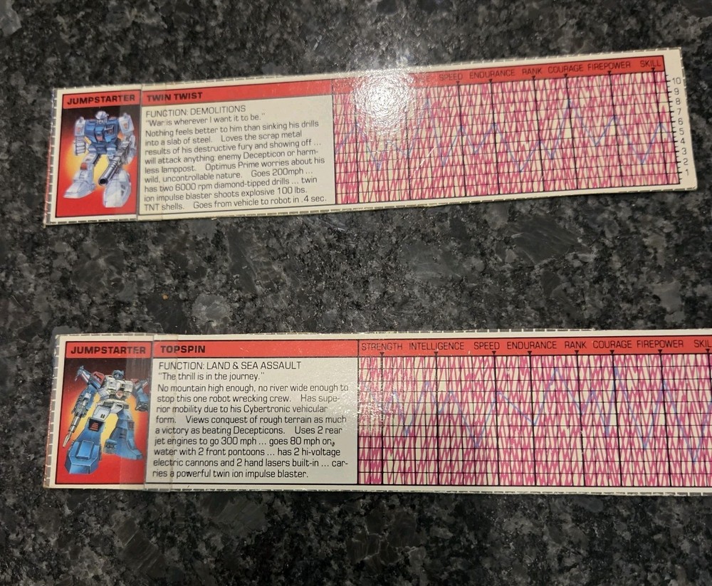 1985 TRANSFORMER AUTOBOT TWIN TWIST JUMPSTARTER TECH SPEC CARD SERIES 1 VINTAGE
