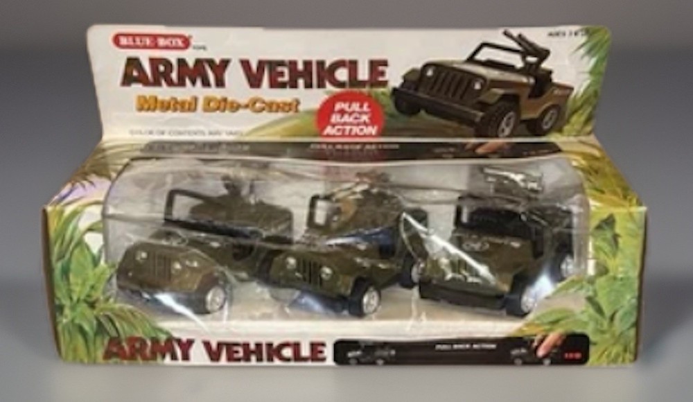 Blue-box Army Vehicle Metal Die-cast Jeeps Pull Back Vtg Hong Kong New Old Stock