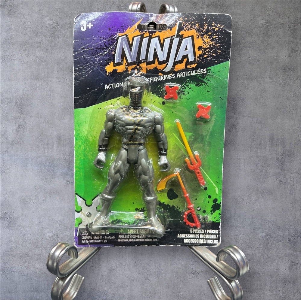 Rare Gray Ninja 5.5″ Action Figure Red Helmet & Arm Weapons 5pc 5 1/2″ Bootleg