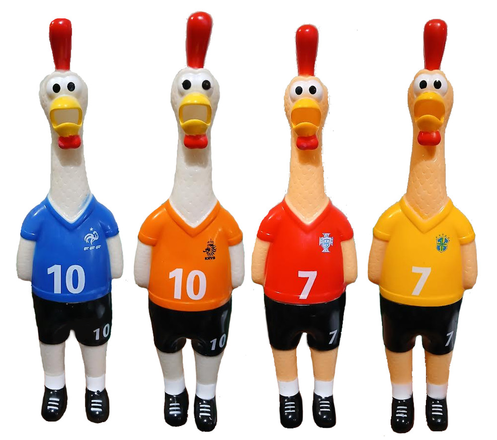 Set of 4 Unique Rubber Chicken Toys – Squeaky fun screaming 12.5″ – Soccer Style