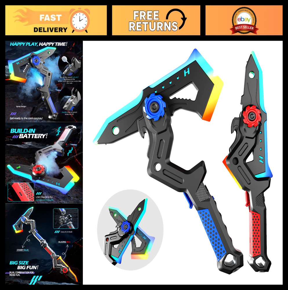 2 Pack LED Light Up Swords & Axe Toys – Rechargeable, Mist Spray, Sound Effects,