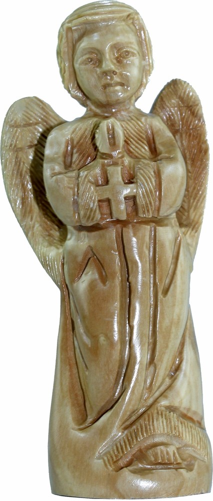 Small Praying Angel with Cross – carved in olive wood ( 12 cm or 5 Inches )