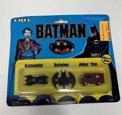 RARE 1989 Batman ERTL Diecast Vehicle Set – Joker Van – Batmobile -Batwing micro