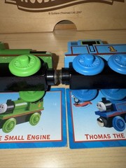 THOMAS & PERCY ! THOMAS FRIENDS TRAIN WOODEN 1998 WOODEN FUNNEL BRITT ALLCROFT