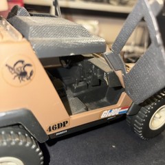 1984 Hasbro Jeep Mark II has steering wheel/ gas cans, no driver