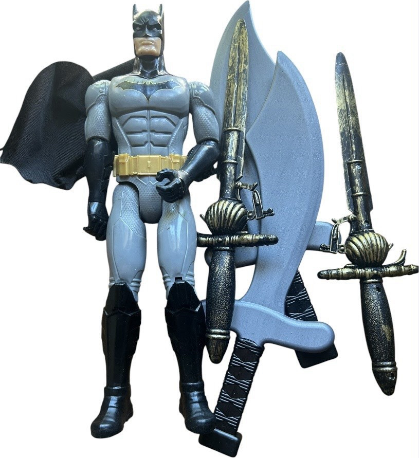 Batman Action Figure Gray Black Yellow Plastic with Sword & Dagger Accessories
