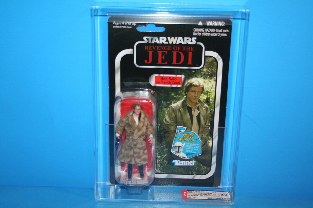 STAR WARS 2011 AFA GRADED MINT ON CARD TVC HAN SOLO TRENCH COAT FIGURE WEAPON
