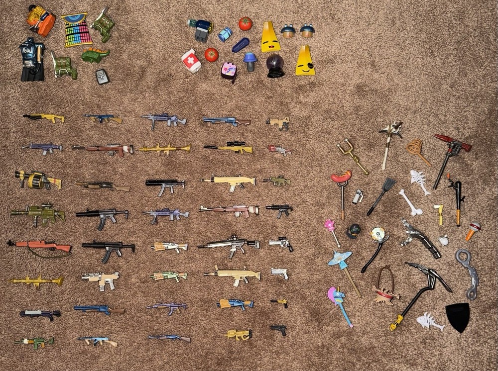 Fortnite Figure Accessories Lot 85 Pc Weapons Back Blings Tools Food Meds Parts