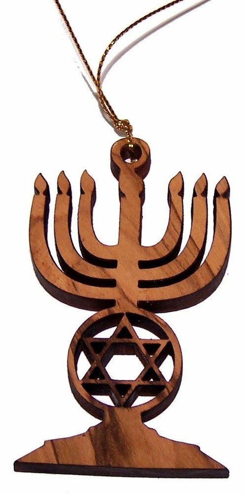 Holy Land Market Olive Wood Menorah with Star of David Ornament/Laser Pendant