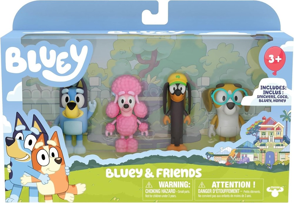 Bluey & Friends Action Figure 4 Pack Set Bluey, Snickers, Coco, Honey.